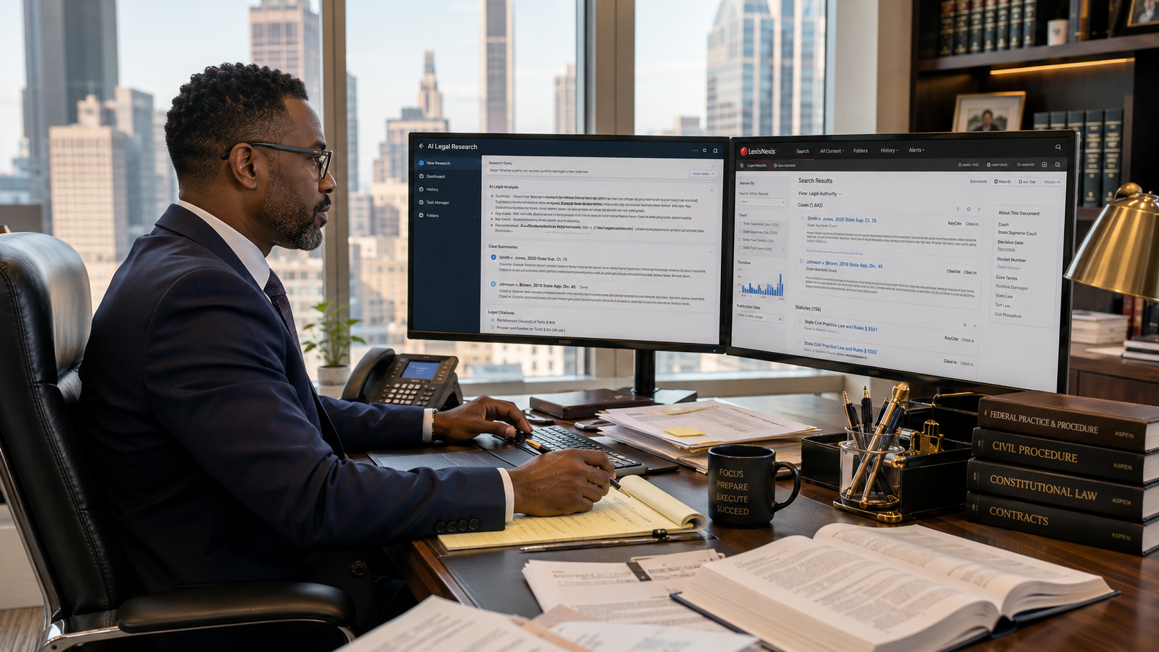Solo attorney cross-referencing AI for legal research with premium legal database tools in 2026